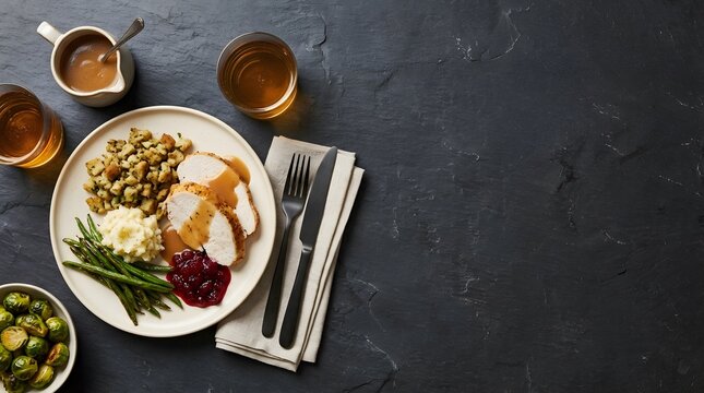A festive happy halloween dinner plate featuring roasted turkey with traditional sides served on a dark rustic background for holiday celebration dining