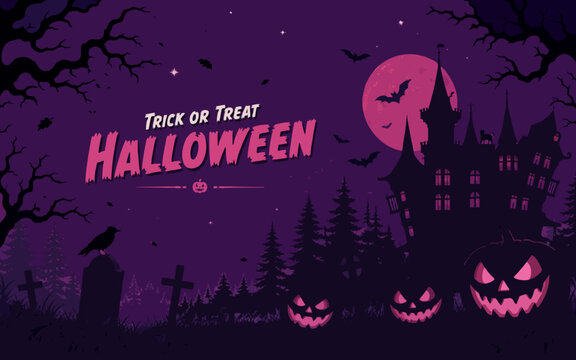 Spooky Halloween illustration featuring a haunted house, glowing jack-o-lanterns, bats, eerie trees, cemetery silhouettes, and a mysterious purple night atmosphere.