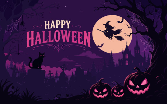 Spooky Halloween illustration featuring a flying witch, bats, glowing jack-o-lanterns, dark forest, haunted silhouettes, and a mysterious purple moonlit atmosphere.