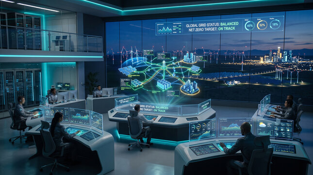 Renewable energy control center. Smart grid monitoring station with digital data displays.