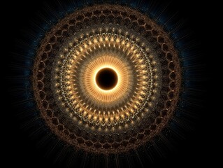 Fototapeta premium Golden organic vibration pattern radiating from center in dark space, abstract energy wave resonance with luminous aura and subtle ripples, calm mystical meditation and spiritual atmosphere concept