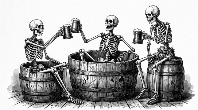 Skeletons Celebrating with Beer in Wooden Barrels Illustration