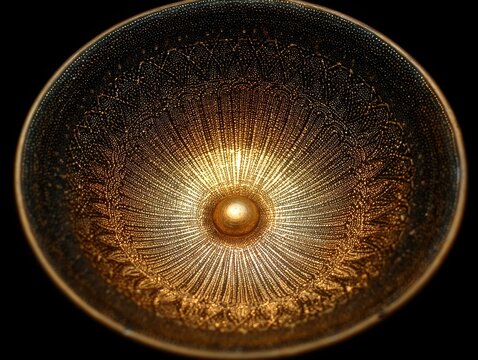 Golden organic vibration pattern radiating from center in dark space, abstract energy wave resonance with luminous aura and subtle ripples, calm mystical meditation and spiritual atmosphere concept