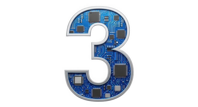 Number three shaped as a blue computer circuit board with electronic chips isolated on transparent background