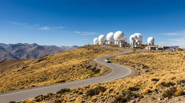 White radar domes sit on arid mountain landscape with winding road leading to observatory complex for scientific sky observation research.