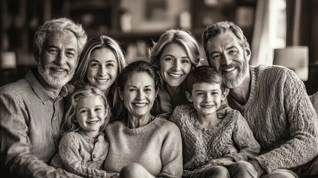 Happy multi-generational family portrait featuring seniors adults middle-aged adults children smiling together indoors in a cozy home setting