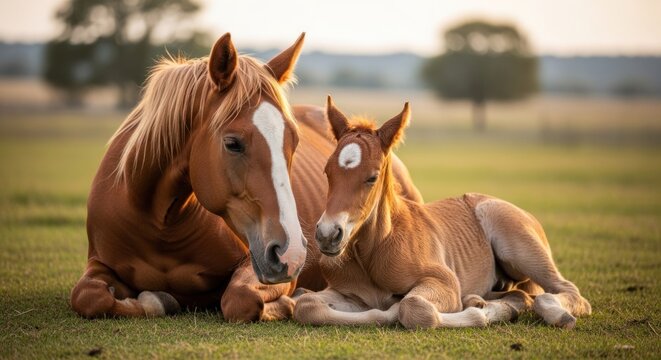 Brown mare and foal resting in a green field.
