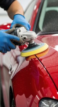 Detailing specialist polishing red car paint body