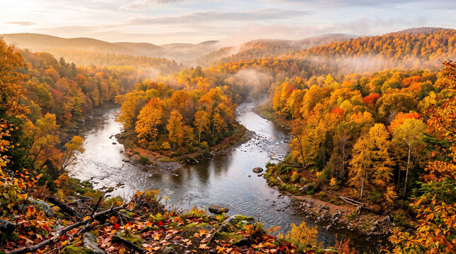 River flowing through autumn forest. Scenic fall landscape with colorful trees and fog.