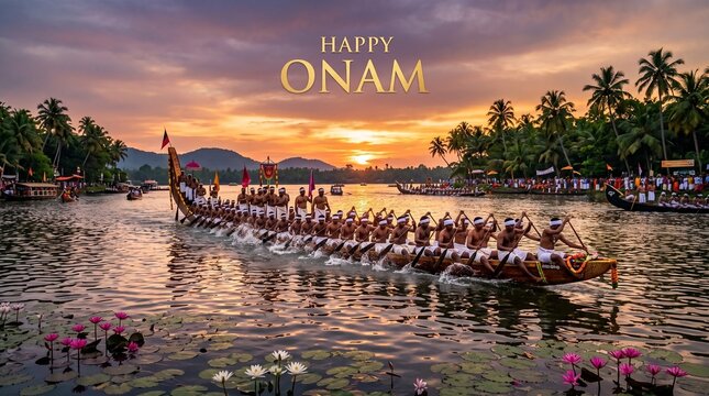 Happy Onam greeting card with a traditional snake boat race on a serene river at sunset with palm trees.