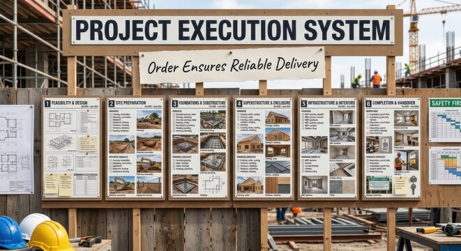 Construction Project Execution System Boards Guiding Site Preparation to Interior Finishes