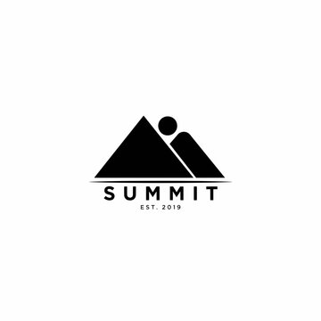 Minimalist mountain logo with person reaching summit with summit white background simple black logo achievement established aspiration climbing