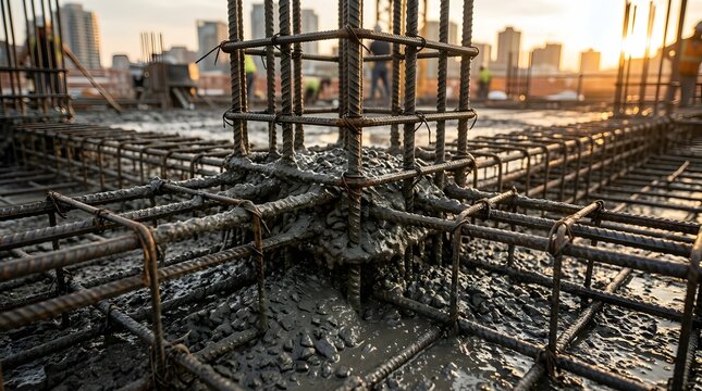 Steel rebar and concrete foundation on skyscraper site at sunset.