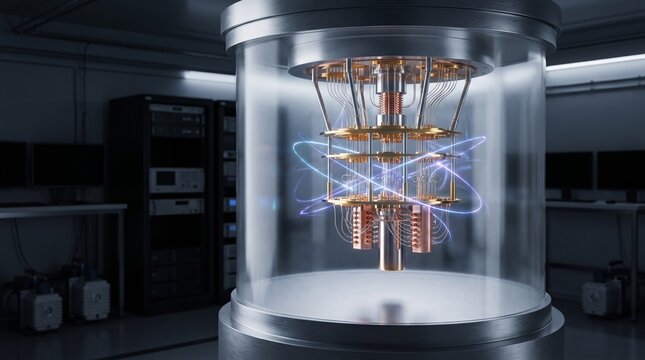 Quantum computer processor encased in a transparent glass chamber featuring glowing blue light rings and metallic intricate golden hardware components