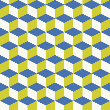 Seamless geometric isometric 3D cube pattern, yellow vector print for apparel, packaging and social media backgrounds