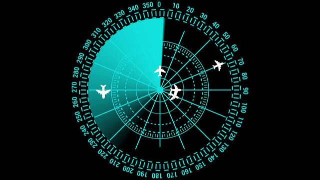 Airplanes circling radar screen displaying flight paths in a dark studio setting video