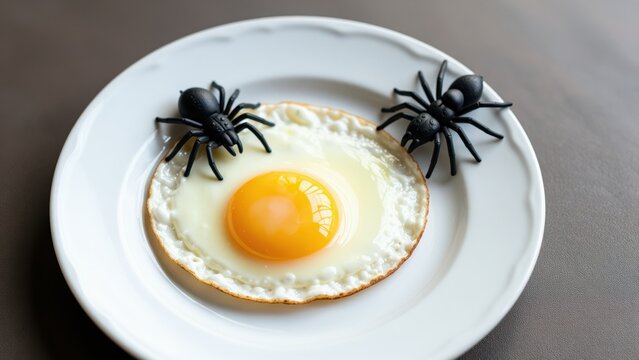 Fried egg on a white plate with realistic black plastic spiders for Halloween or creepy food theme, close-up of breakfast presentation