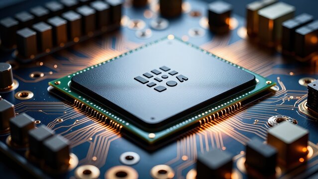 Close-up of a modern computer microprocessor on a circuit board with surrounding electronic components and copper traces, technology, electronics, hardware, manufacturing, digital