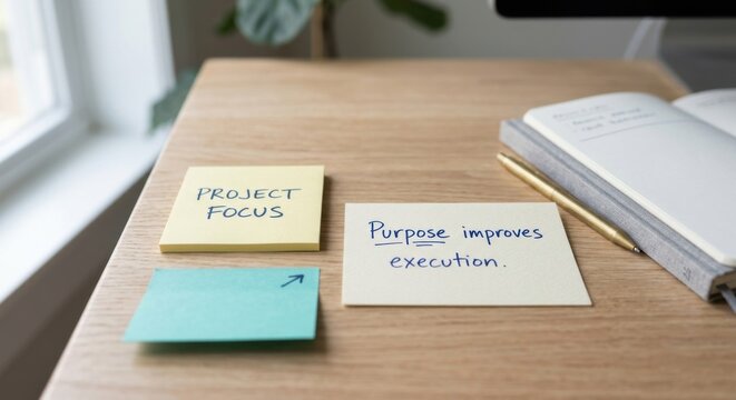 Yellow and white sticky notes with handwritten project focus and purpose on a wooden desk