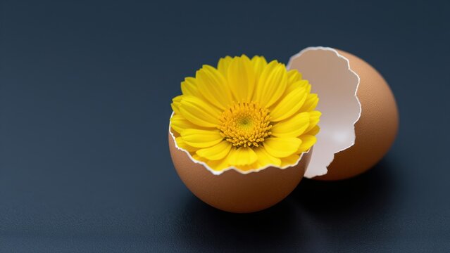 Yellow flower growing inside broken eggshell with cracked eggs on dark background, natural growth, plant concept, botanical, nature scene, eco-friendly, environmental business, fre