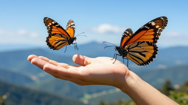 Close-up of a human hand releasing two Monarch butterflies with vibrant orange, black, and white wings against a scenic mountain landscape background