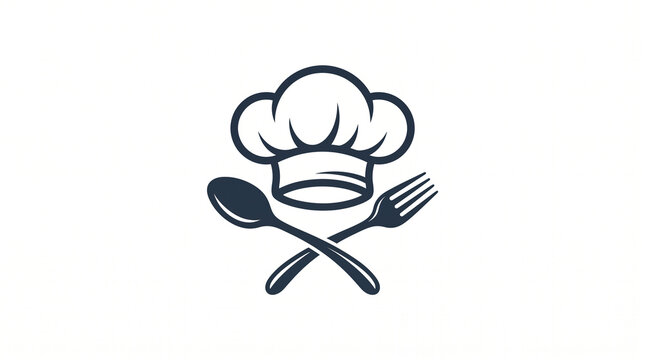 Minimalist chef hat logo featuring crossed spoon and fork utensils against solid white background with vector graphic professional positioned above crossed