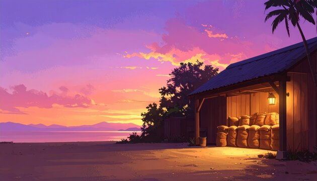Digital Illustration of a Serene Tropical Beach Sunset with a Rustic Shack, Sacks, Glowing Lantern, and Vibrant Purple Sky, Featuring Ample Copy Space for Text