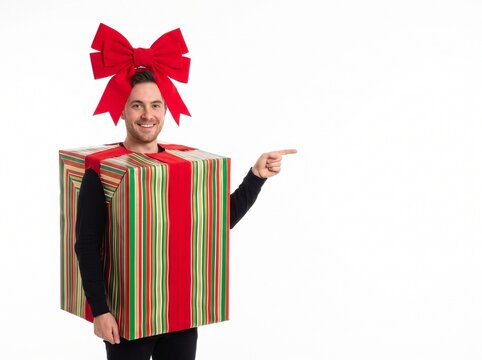 Cheerful man wearing a giant striped gift box costume with large red bow pointing at white copy space.