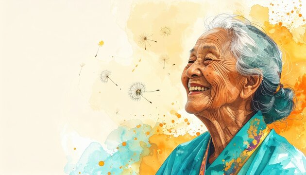 Watercolor illustration of a happy smiling elderly Asian woman looking up with dandelions and floating seeds, featuring artistic textures and ample copy space for text.