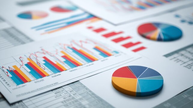 Business report with financial graphs and charts, corporate data analysis, market performance metrics, business growth statistics, revenue trends, strategic planning, investment analysis, economic ins