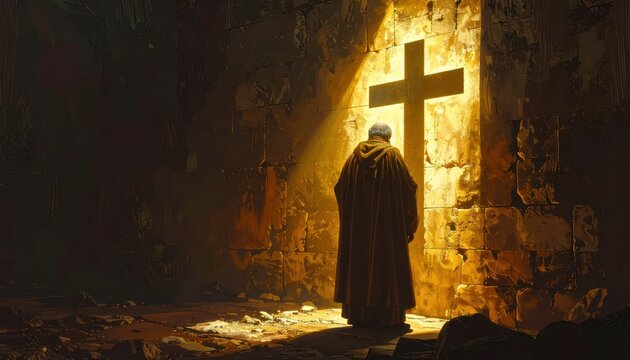 Man in a robe praying before a glowing cross on a stone wall in a dark ancient chamber with a dramatic light beam and ample copy space for spiritual or religious themes.