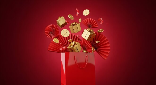 Festive red shopping bag overflowing with golden gifts, coins, and paper fans for celebration.