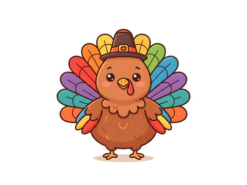 A cute cartoon thanksgiving turkey wearing a pilgrim hat with colorful feathers displayed as an isolated object on isolated on transparent background