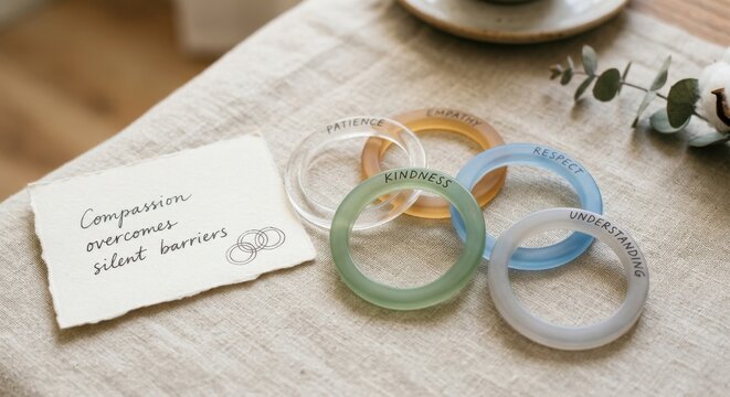 Acrylic Rings With Virtues Such As Kindness And Patience Arranged Artfully