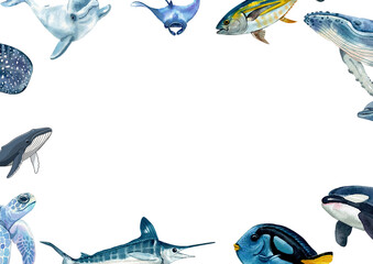 Hand-drawn sea life watercolor border design. Ocean animals collection for creative layout