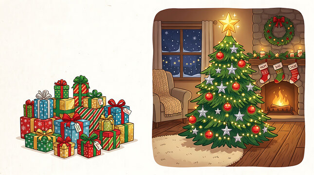 Colorful christmas tree with lights and ornaments