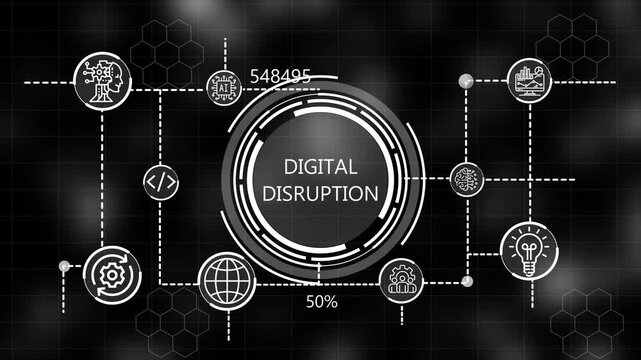  A glowing icon, and manufacturing process digital disruption all connected in a digital circuit like pattern. dark tech setting shows smart technology,  interface, marketing strategy.