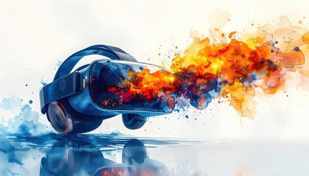 Conceptual VR Headset with Vibrant Watercolor Paint Explosion Representing Immersive Virtual Reality Creativity and Innovation with Ample Copy Space