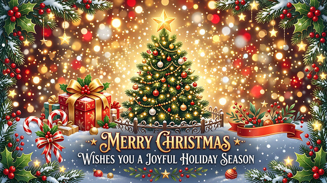 Colorful christmas tree with holiday lights and decorations