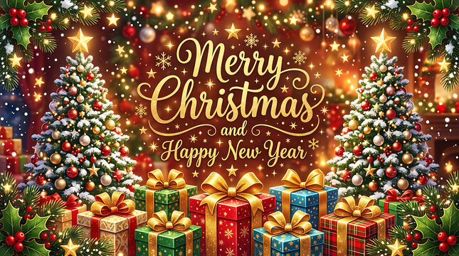 Colorful christmas gift box with holiday lights