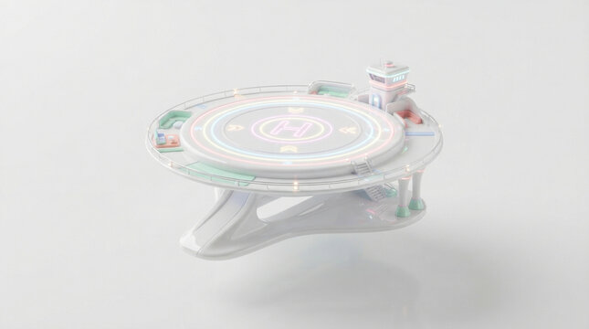 Minimalist 3D vertiport design featuring a glossy surface and pastel accent lighting on a clean backdrop