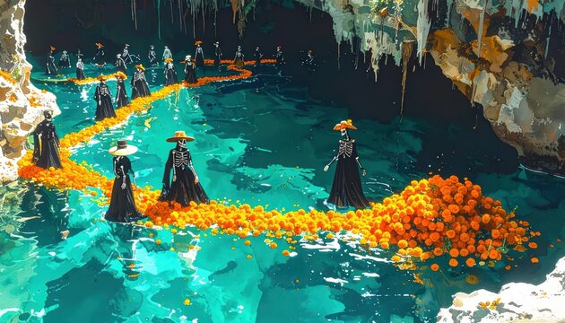 Surreal Day of the Dead Scene with Skeleton Catrinas Walking on a Floating Marigold Path in a Turquoise Mexican Cenote Cave with Ample Copy Space