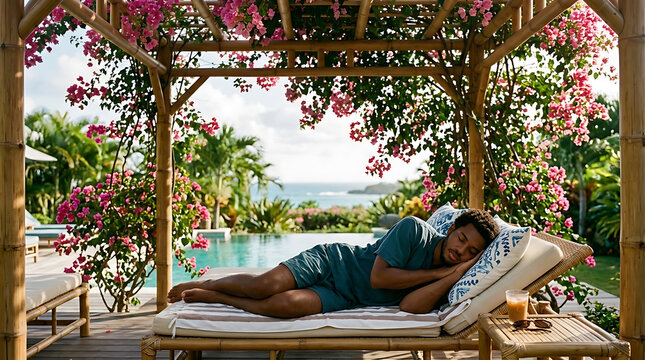 Man sleeping peacefully under blooming bougainvillea pergola with ocean view in tropical paradise brazilian spring atmosphere