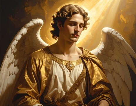 Portrait of a Divine Male Angel with White Wings and Golden Halo Glowing in Heavenly Light, Renaissance Style Painting with Copy Space for Spiritual Text
