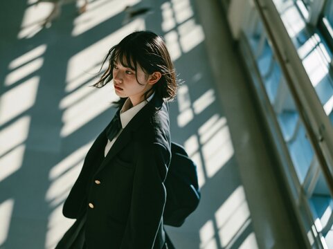日差しと長い影が交錯する校舎の通路に佇む制服姿の女子高校生