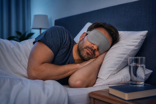Man sleeps peacefully in bed wearing sleep mask at night. Calm man resting in bedroom with pillow and glass of water. Concept for healthy sleep, rest and relax.