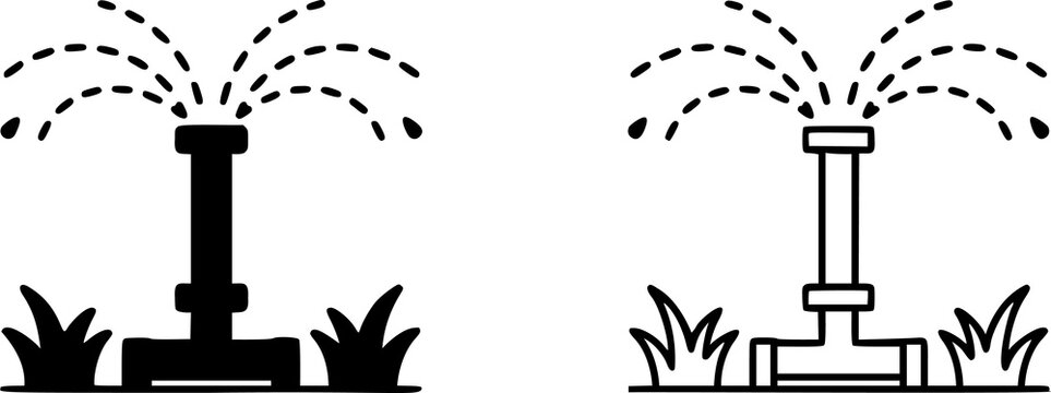 Garden sprinkler icon set, automatic lawn irrigation system symbols, black and white water sprayer graphics for landscaping