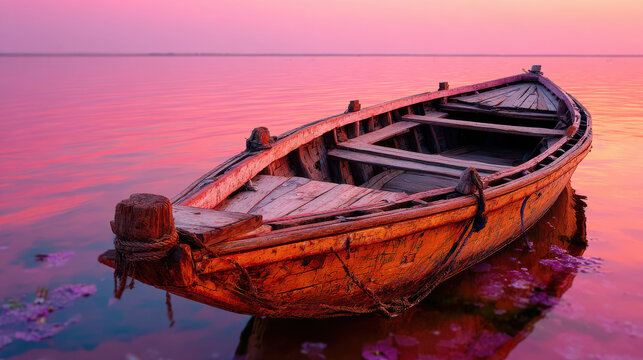 Serene wooden boat rests on calm waters reflecting orange sky over Ganges at sunset, creating tranquil atmosphere