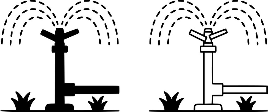 Lawn sprinkler icons in black and white, garden irrigation system symbols, automatic watering equipment for landscaping and agriculture