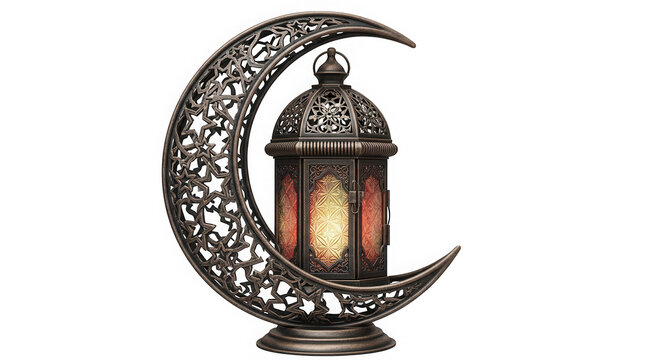 Decorative ramadan lantern with an ornate crescent moon shape isolated on transparent background